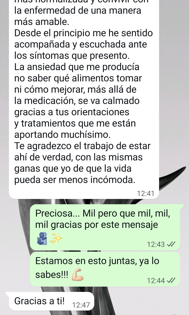 Continuación del mensaje real de la paciente y respuesta de Irene